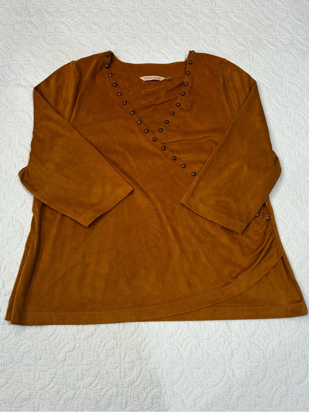 Soft Surroundings Faux Suede Studded 3/4 Sleeve Top Boho Size 1X Brown V-Neck